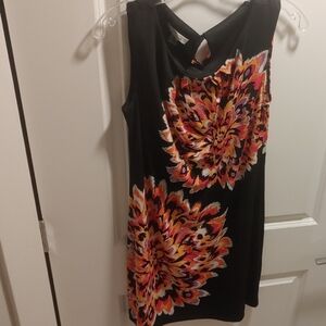 London Style Black Dress with Orange, Pink & Yellow Floral Burst